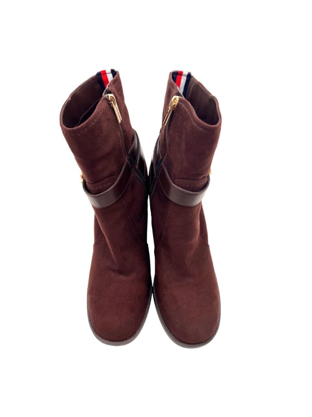 Tommy Hilfiger Brown Suede Ankle Boots Womens Size 8.5M Gold Buckles Block Heel - Picture 4 of 16